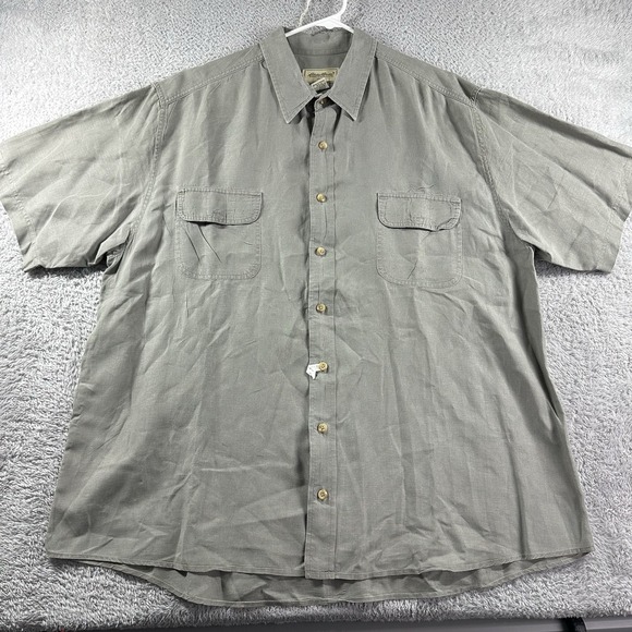 Eddie Bauer Linen Camp Shirt Mens XL Tall Brown Green Button Up Short Sleeve - Picture 1 of 7
